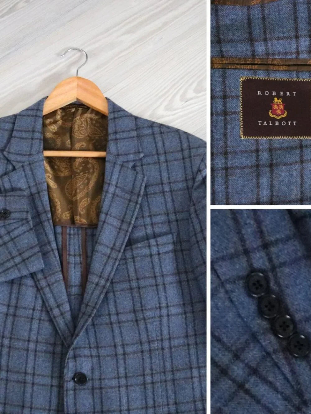 Robert Talbott Azure Blazer Mens 44R Wool Cashmere Windowpane Old Money Coat